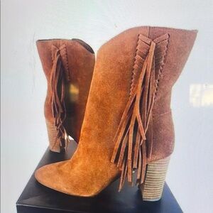 Fringe Suede Heeled Boots - Tan